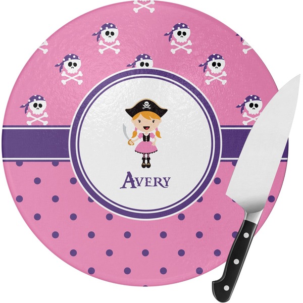 Custom Pink Pirate Round Glass Cutting Board - Medium (Personalized)