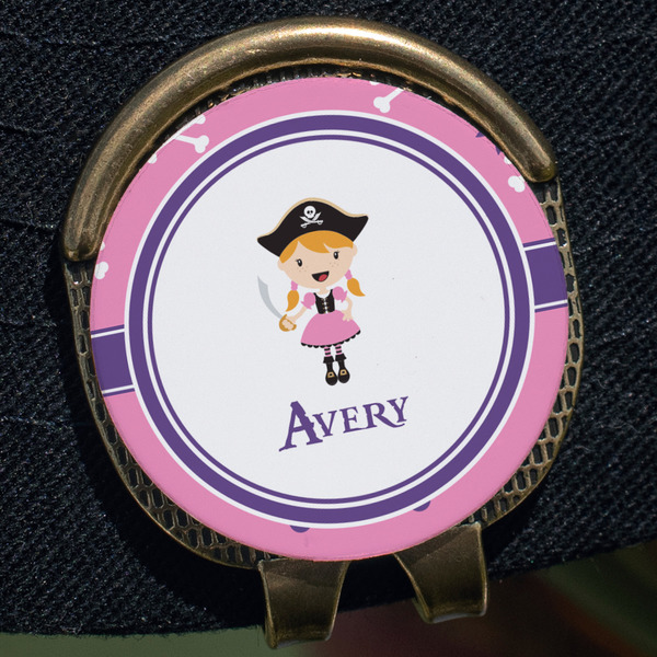 Pink Pirate Golf Ball Marker Hat Clip - Gold - Close Up