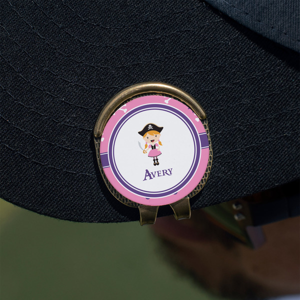 Pink Pirate Golf Ball Marker Hat Clip - Gold - On Hat
