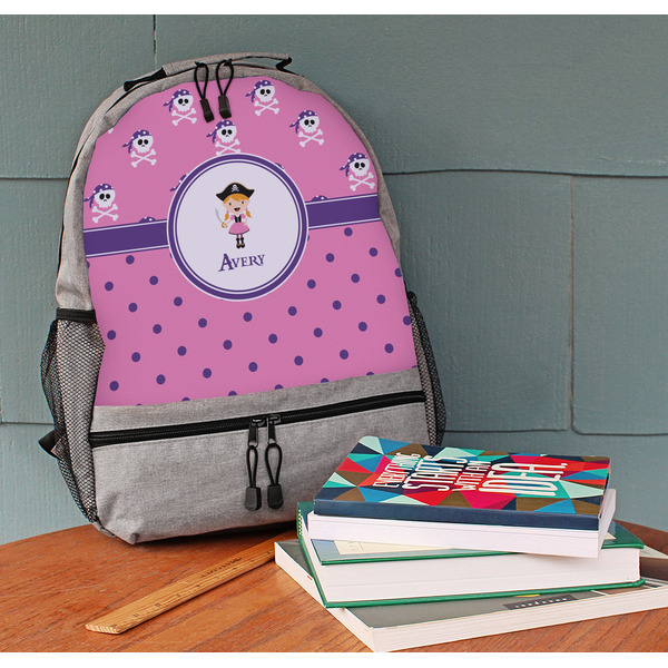 Pink Pirate Large Backpack - Gray - On Desk