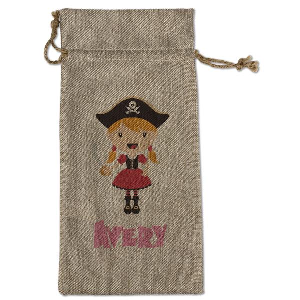 Custom Pink Pirate Large Burlap Gift Bag - Front (Personalized)