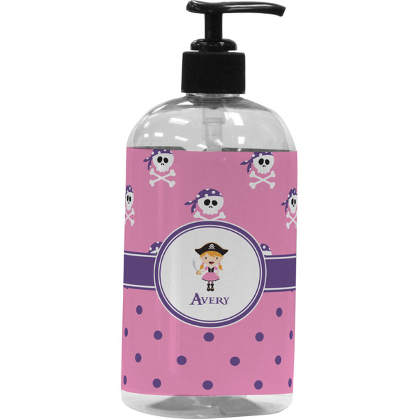 Custom Pink Pirate Plastic Soap / Lotion Dispenser (16 oz - Large - Black) (Personalized)