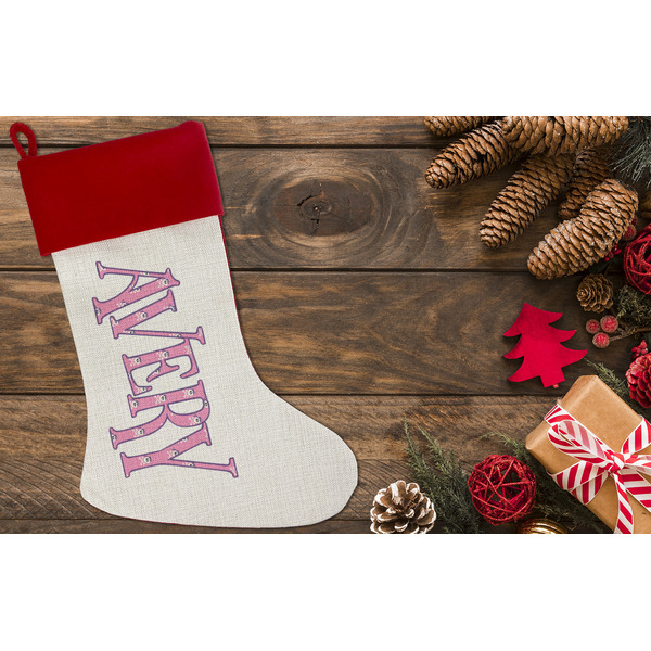 Pink Pirate Linen Stocking w/Red Cuff - Flat Lay (LIFESTYLE)