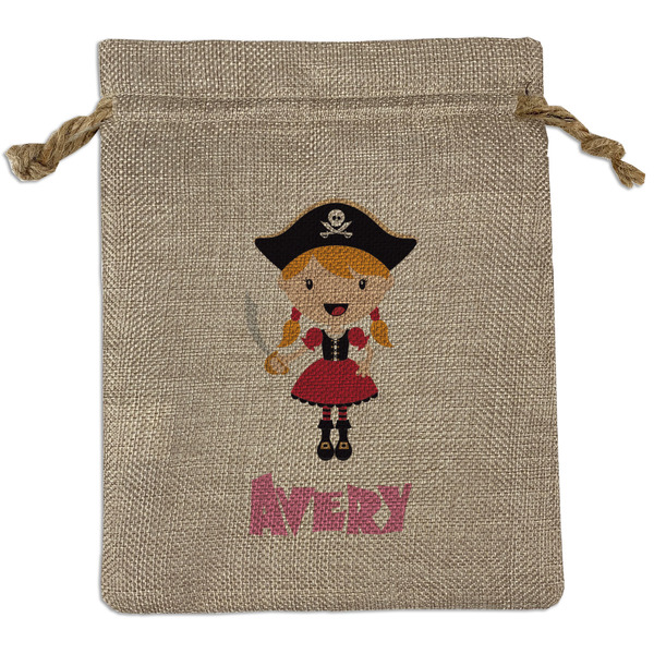 Custom Pink Pirate Medium Burlap Gift Bag - Front (Personalized)