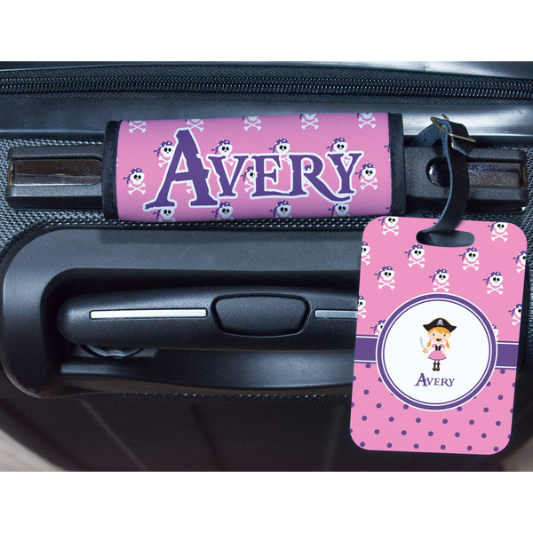 Pink Pirate Metal Luggage Tag & Handle Wrap - In Context