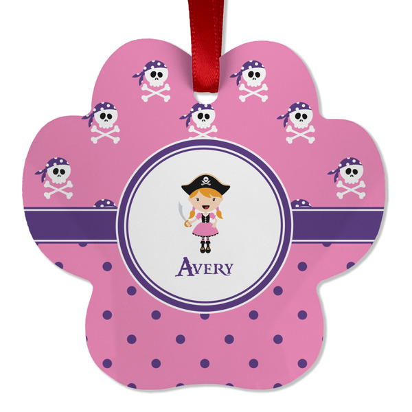 Custom Pink Pirate Metal Paw Ornament - Double Sided w/ Name or Text