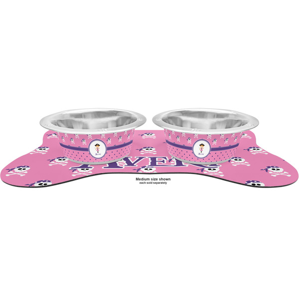 Pink Pirate Metal Pet Bowls - On Dog Bone Shaped Mat