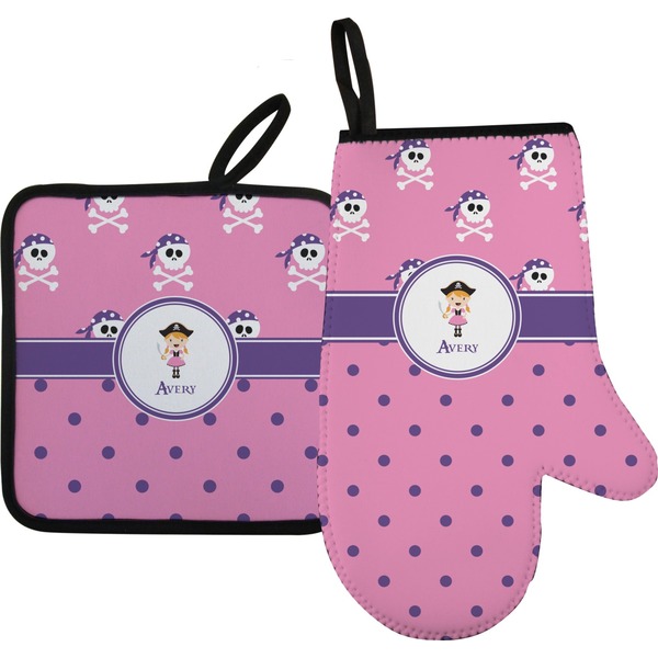 Custom Pink Pirate Right Oven Mitt & Pot Holder Set w/ Name or Text