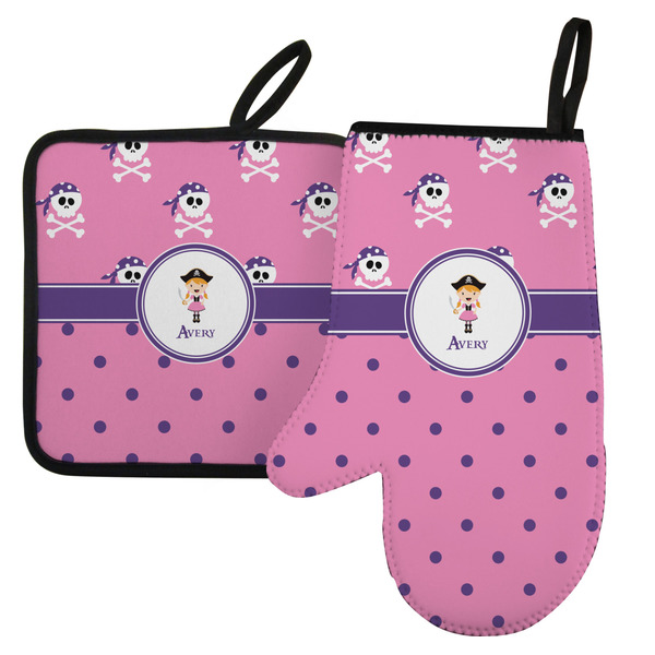 Custom Pink Pirate Left Oven Mitt & Pot Holder Set w/ Name or Text