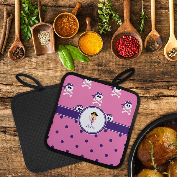 Pink Pirate Neoprene Pot Holder - Set of 2  LIFESTYLE (Flatlay)