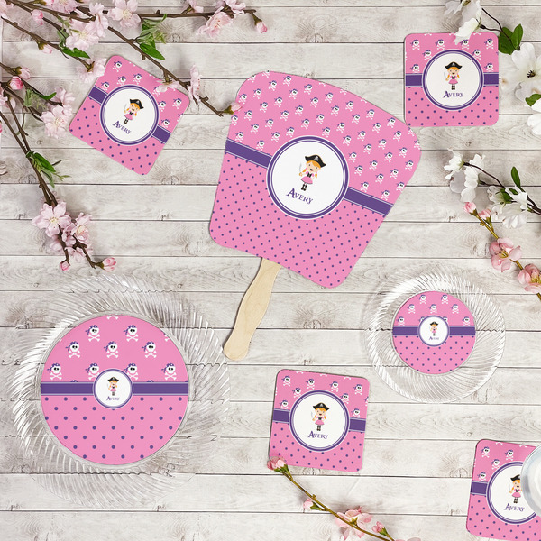 Pink Pirate Party Supplies Combination Image - All items - Plates, Coasters, Fans