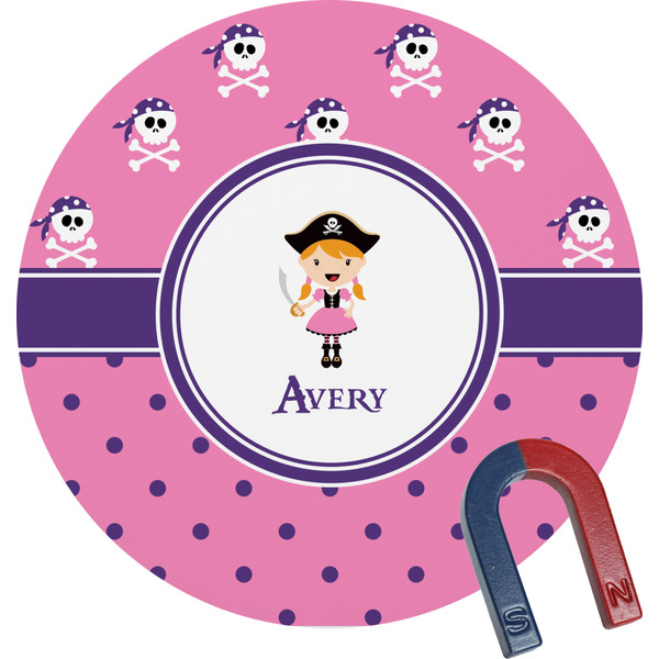 Custom Pink Pirate Round Fridge Magnet (Personalized)