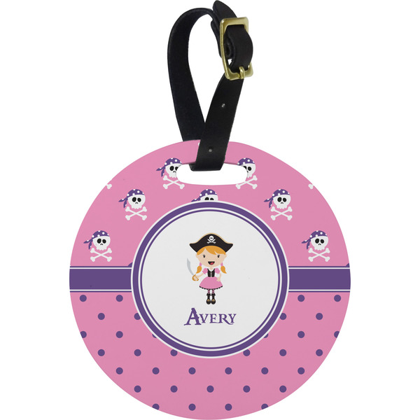 Custom Pink Pirate Plastic Luggage Tag - Round (Personalized)