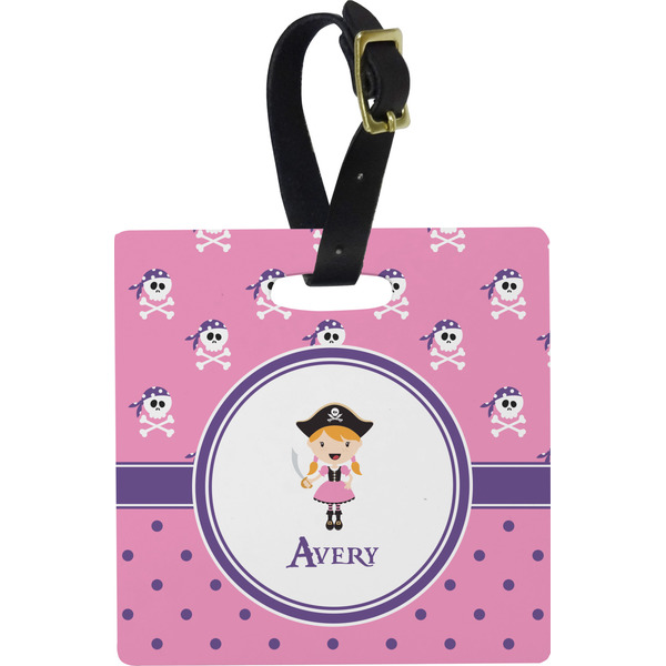 Custom Pink Pirate Plastic Luggage Tag - Square w/ Name or Text