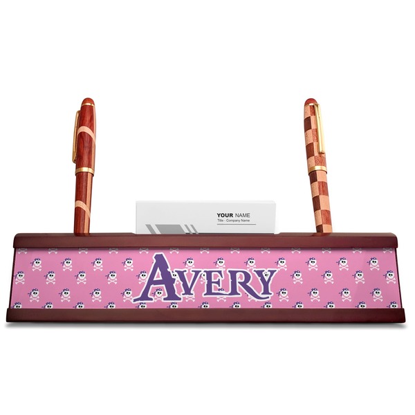 Pink Pirate Red Mahogany Nameplates with Business Card Holder - Straight