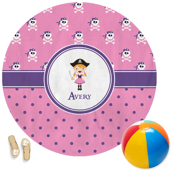 Custom Pink Pirate Round Beach Towel (Personalized)