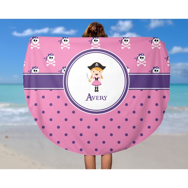Pink Pirate Round Beach Towel - In Use