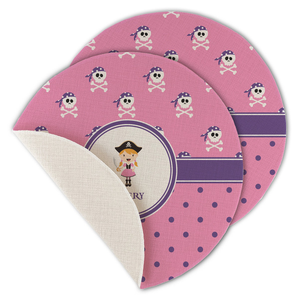 Custom Pink Pirate Round Linen Placemat - Single Sided - Set of 4 (Personalized)
