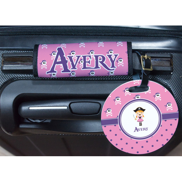Pink Pirate Round Luggage Tag & Handle Wrap - In Context