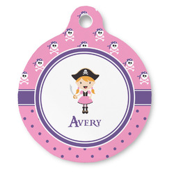 Pink Pirate Round Pet ID Tag - Large (Personalized)