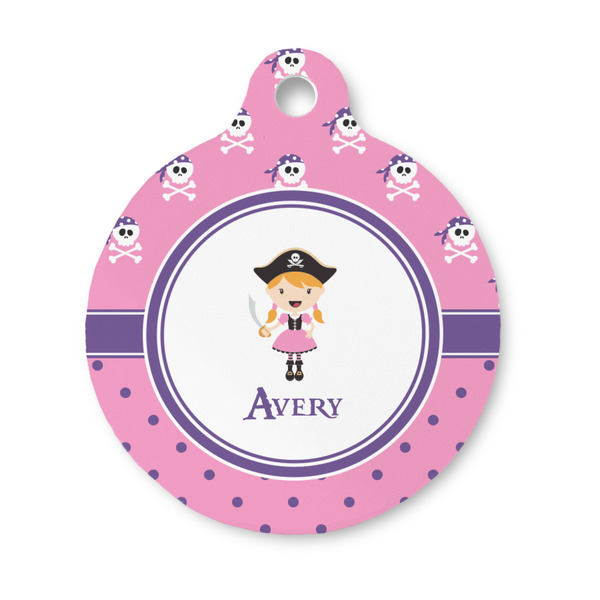 Custom Pink Pirate Round Pet ID Tag - Small (Personalized)