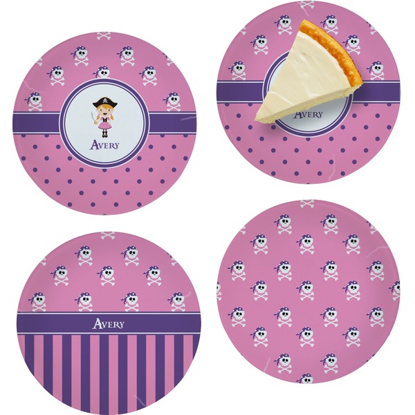 Custom Pink Pirate Set of 4 Glass Appetizer / Dessert Plate 8" (Personalized)