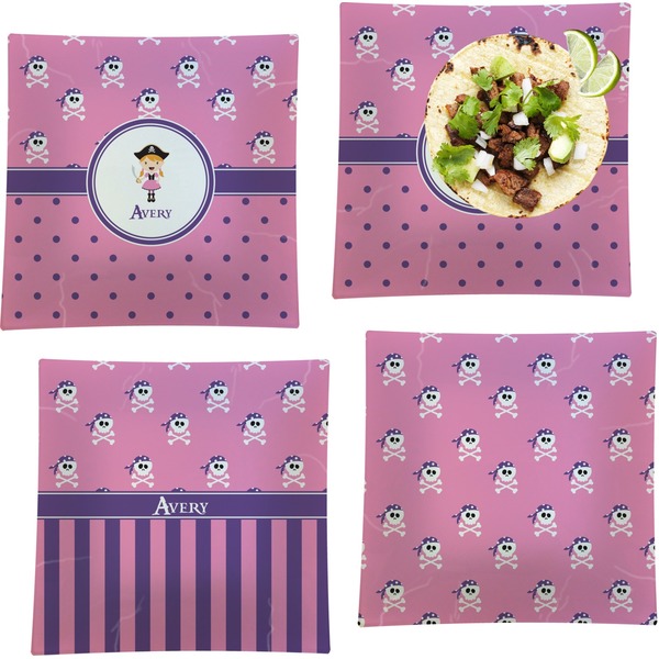 Custom Pink Pirate Set of 4 Glass Square Lunch / Dinner Plate 9.5" (Personalized)