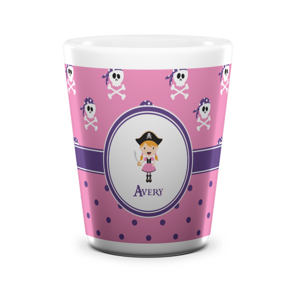 Custom Pink Pirate Ceramic Shot Glass - 1.5 oz - White - Set of 4 (Personalized)