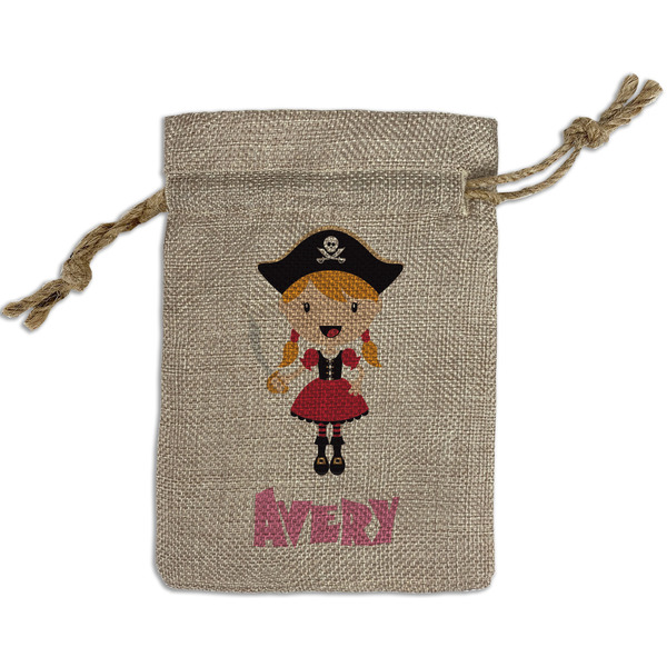 Custom Pink Pirate Small Burlap Gift Bag - Front (Personalized)