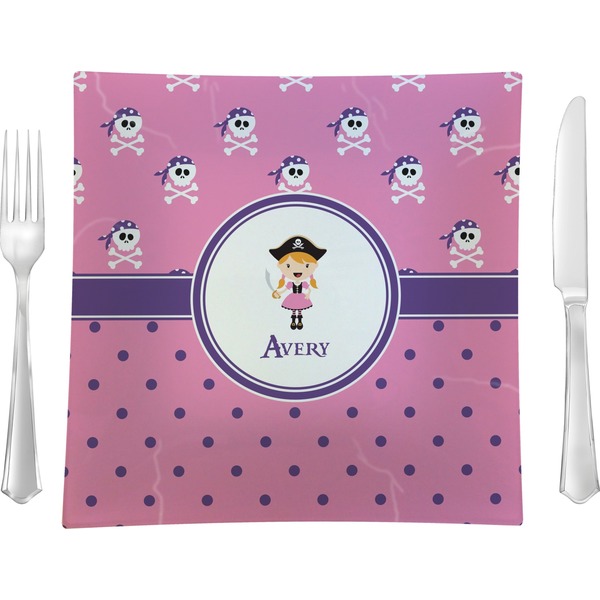 Custom Pink Pirate Glass Square Lunch / Dinner Plate 9.5" (Personalized)
