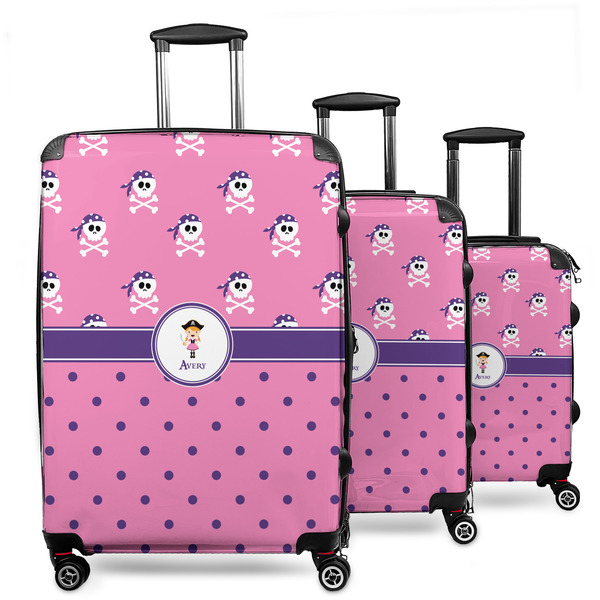 Custom Pink Pirate 3 Piece Luggage Set - 20" Carry On, 24" Medium Checked, 28" Large Checked (Personalized)