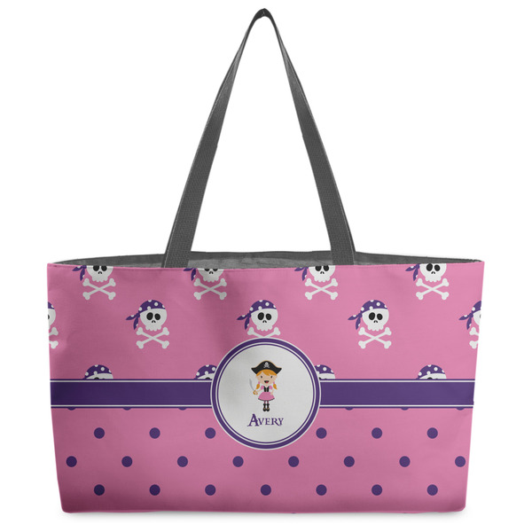 Custom Pink Pirate Beach Totes Bag - w/ Black Handles (Personalized)