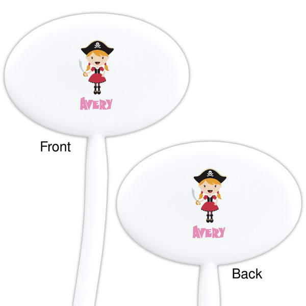 Pink Pirate White Plastic 7" Stir Stick - Double Sided - Oval - Front & Back