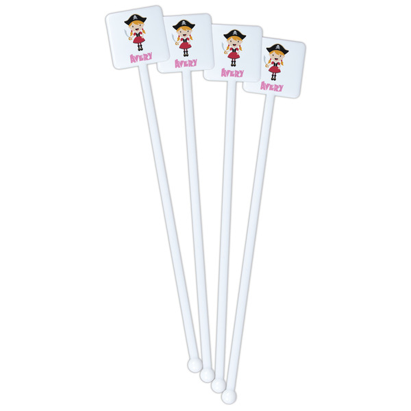 Pink Pirate White Plastic Stir Stick - Single Sided - Square - Front