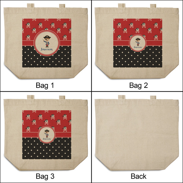 Pirate & Dots 3 Reusable Cotton Grocery Bags - Front & Back View