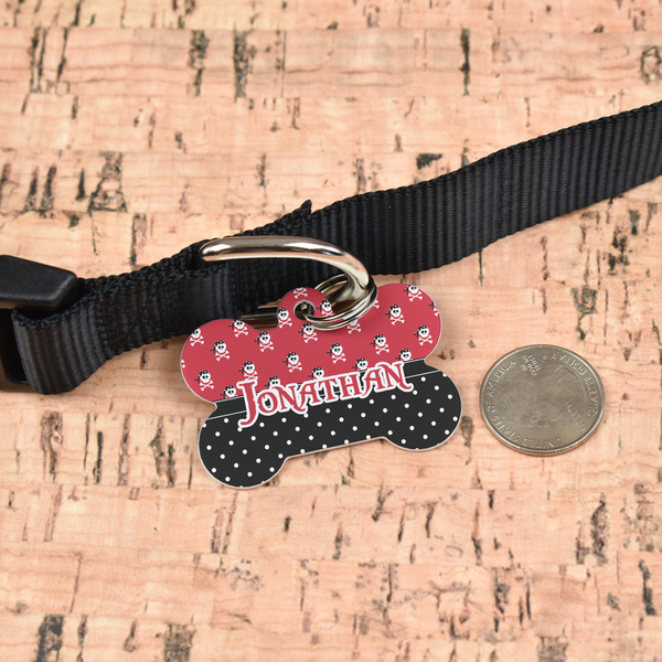 Pirate & Dots Bone Shaped Dog ID Tag - Large - In Context