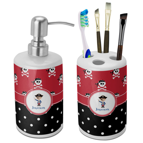 Custom Pirate & Dots Ceramic Bathroom Accessories Set (Personalized)
