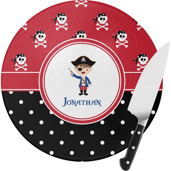 Custom Pirate & Dots Round Glass Cutting Board - Medium (Personalized)