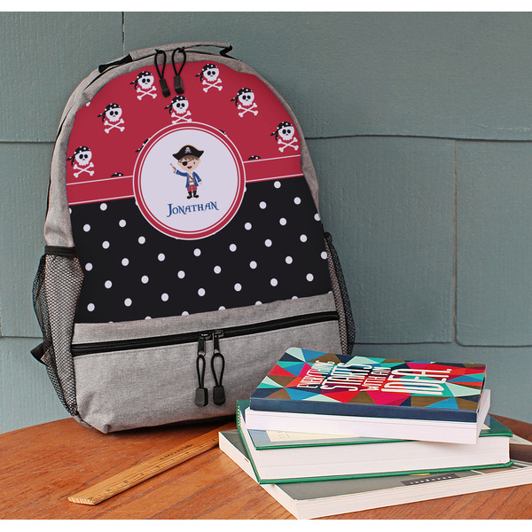 Pirate & Dots Large Backpack - Gray - On Desk