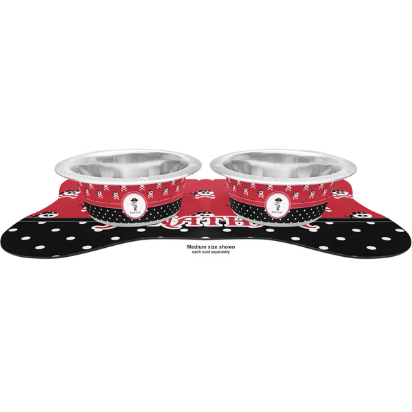 Pirate & Dots Metal Pet Bowls - On Dog Bone Shaped Mat