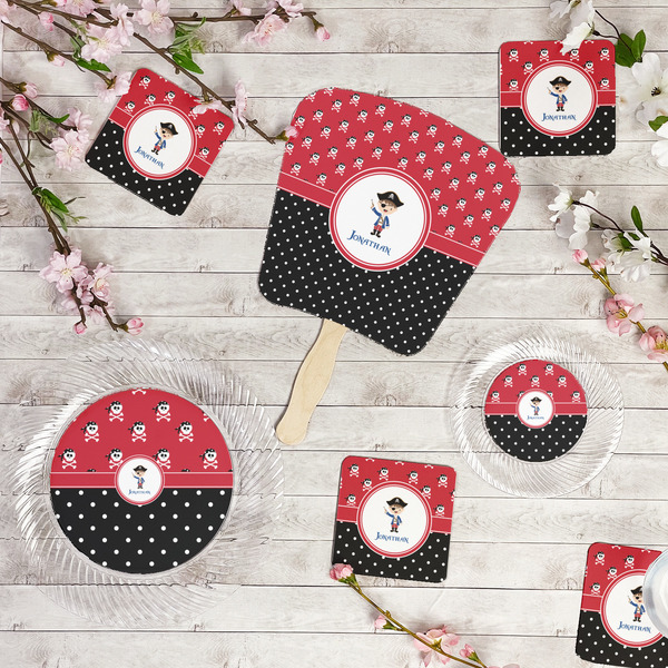 Pirate & Dots Party Supplies Combination Image - All items - Plates, Coasters, Fans