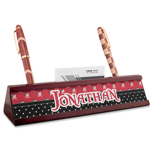 Custom Pirate & Dots Red Mahogany Nameplate with Business Card Holder (Personalized)