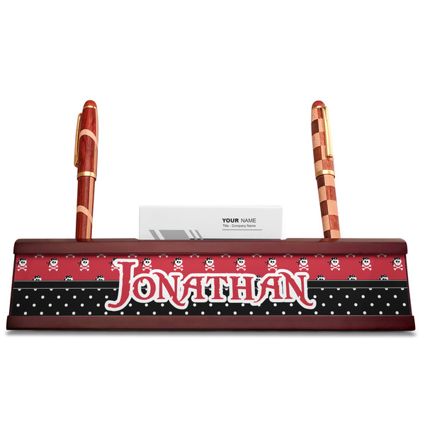 Pirate & Dots Red Mahogany Nameplates with Business Card Holder - Straight