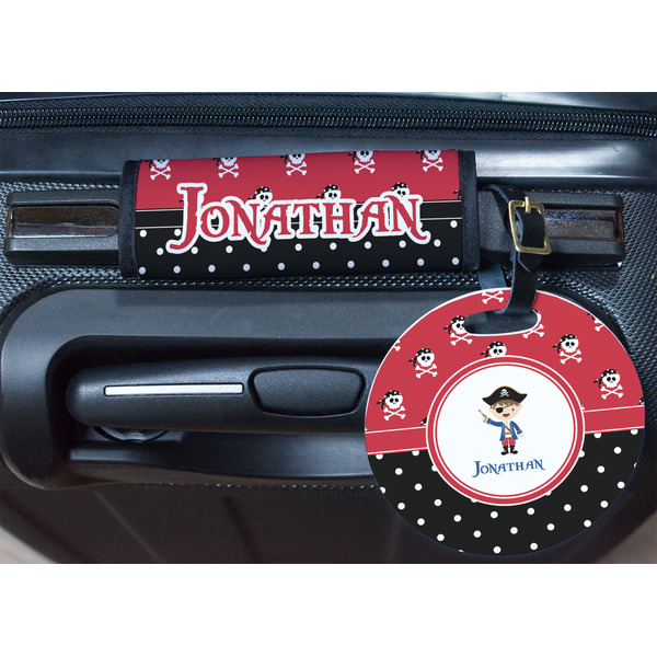 Pirate & Dots Round Luggage Tag & Handle Wrap - In Context