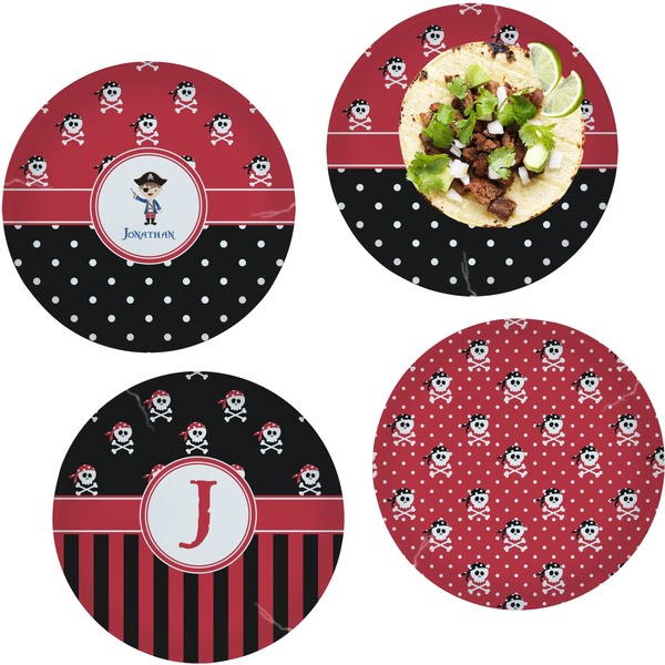 Custom Pirate & Dots Set of 4 Glass Lunch / Dinner Plate 10" (Personalized)