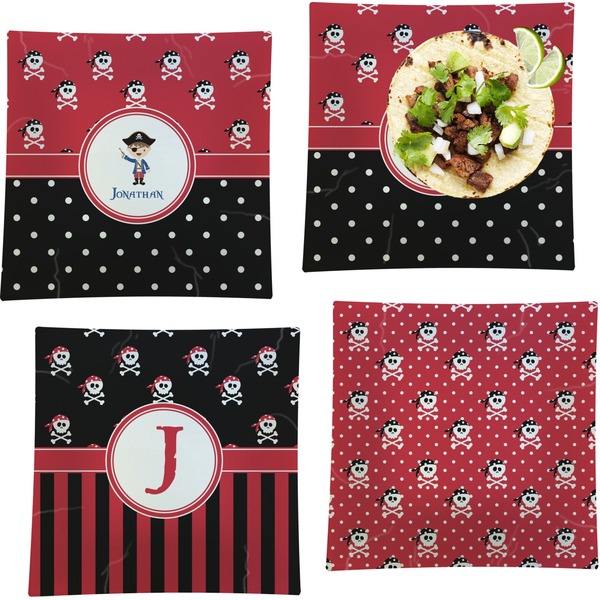Custom Pirate & Dots Set of 4 Glass Square Lunch / Dinner Plate 9.5" (Personalized)