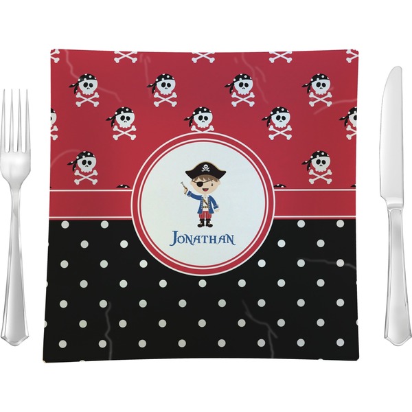 Custom Pirate & Dots Glass Square Lunch / Dinner Plate 9.5" (Personalized)