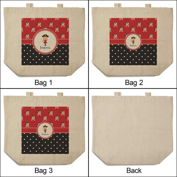 Girl's Pirate & Dots 3 Reusable Cotton Grocery Bags - Front & Back View