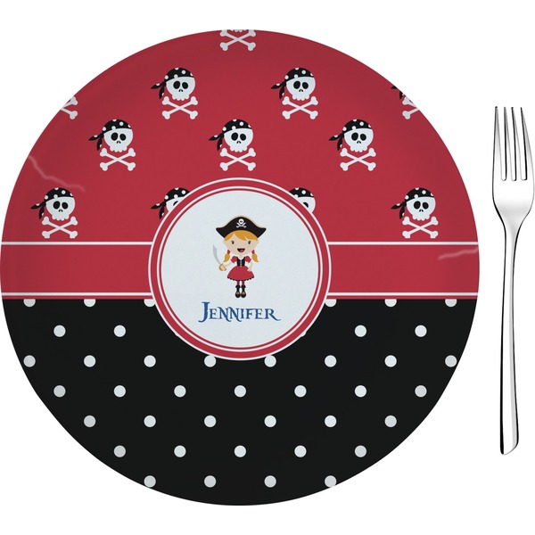 Custom Girl's Pirate & Dots 8" Glass Appetizer / Dessert Plates - Single or Set (Personalized)
