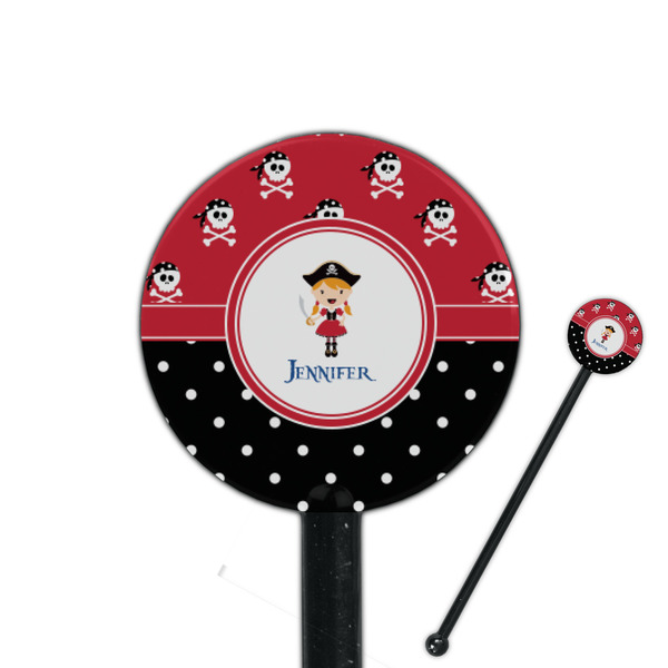 Custom Girl's Pirate & Dots 5.5" Round Plastic Stir Sticks - Black - Single Sided (Personalized)
